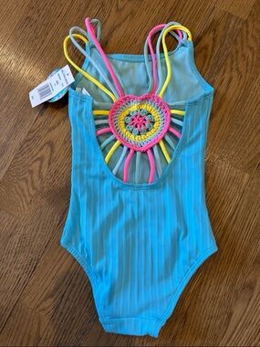 Breaking Waves Teal Girls 4/5 One-Piece Swimsuit, Crochet Heart Back NWT
